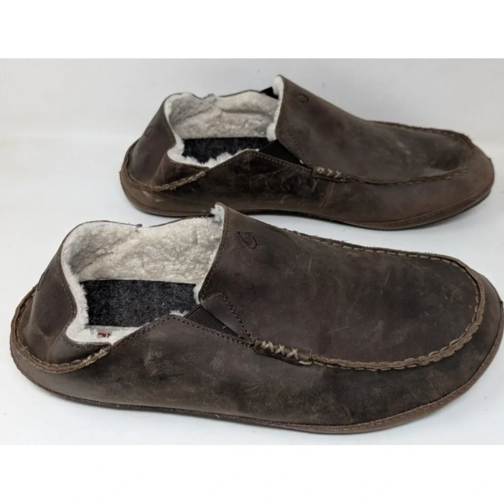 Olukai Moloa Men's Size 14 Leather Shearling Slippers Shoes Sheep Fleece Lined‎